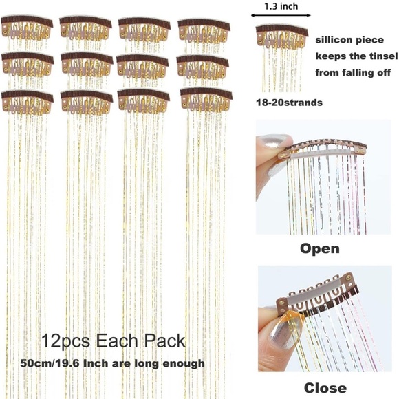 12 pcs Hair Tinsel Clip in 19.6Inch Glitter Tinsel Hair Extensions - Picture 2 of 3